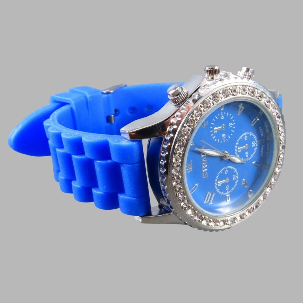 STRADA WRIST WATCH Blue Silicone Sport Band SILVER w/CLEAR CRYSTALS Big Dial